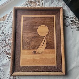 Vtg MCM Wood Marquetry Inlay Wall Art Sailboat Sun on Ocean USA Rosewood walnut